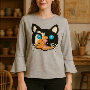 TeeBerry & Weave Cat Face Sweatshirt Gray Bell Sleeve Grandmacore Quirky Top M